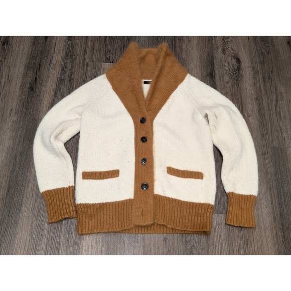 J Crew  Cardigan Sweater Shawl Collar Button Front Knit Cream Brown Size S READ! - Picture 1 of 7